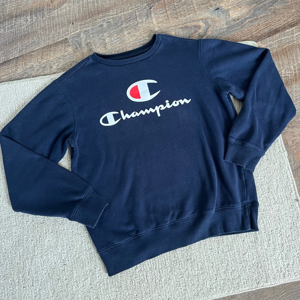 Champion Navy Long Sleeve C Script Fleece Pullover Sweater- Size Large